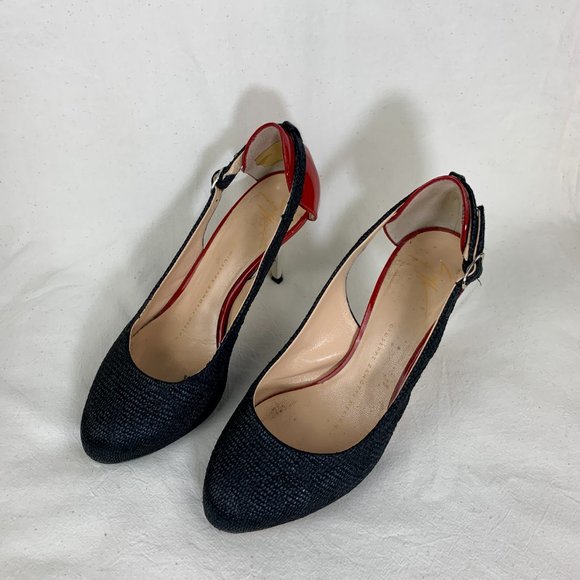 Giuseppe Zanotti Stiletto in Black Straw with Red & White Patent Heel - Picture 2 of 10